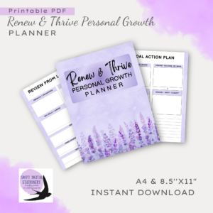 Renew & Thrive Personal Growth Planner digital download cover with artistic watercolor corners and logo. Printable pdf and size of papers the product in available in