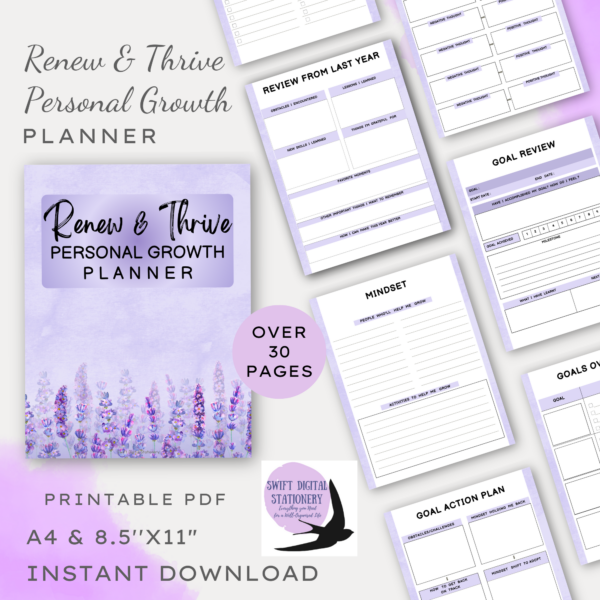 Renew & Thrive Personal Growth Planner digital download cover and a selection of pages from the planner with artistic watercolor corners and logo. Information included about pages, printable pdf and size of papers the product in available in