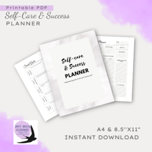 Self-Care& Success Planner digital download cover with artistic watercolor corners and logo. Printable pdf and size of papers the product in available in