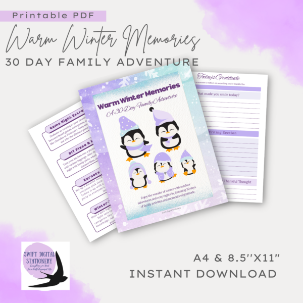 Warm Winter Memories Digital Download Product with the cover and two pages from the product and with swift digital stationery logo and info that it is printable pdf available in two paper sizes