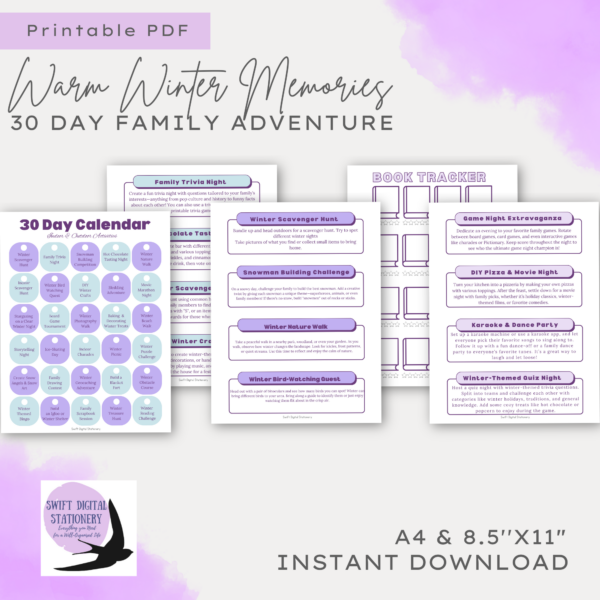 Warm Winter Memories Digital Download Product with 5 pages shown with swift digital stationery logo and info that it is printable pdf available in two paper sizes