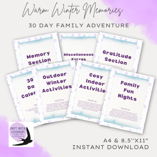 Warm Winter Memories Digital Download Product with the categories in the product and with swift digital stationery logo and info that it is printable pdf available in two paper sizes