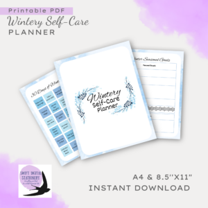 Wintery Self-Care Planner digital download cover with artistic watercolor corners and logo. Printable pdf and size of papers the product in available in