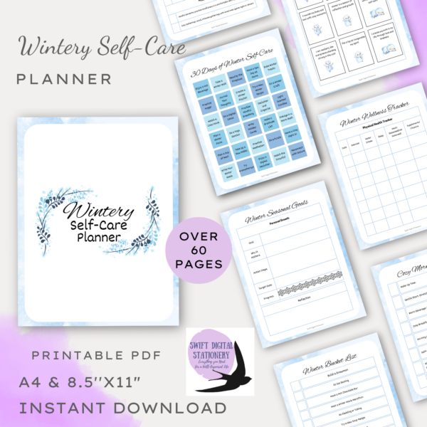 Wintery Self-Care Planner digital download cover and a selection of pages from the planner with artistic watercolor corners and logo. Information included about pages, printable pdf and size of papers the product in available in