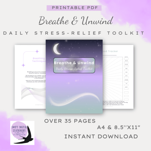 Mockup of the "Breathe & Unwind" self-care guide showing printable pages and relaxation prompts.