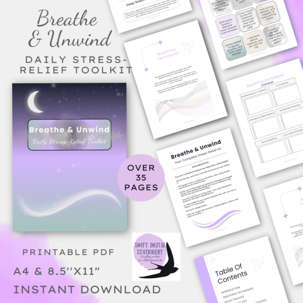 Preview of the "Breathe & Unwind" guide’s printable pages, including breathing exercises and more pages.