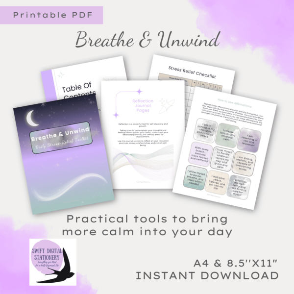 The "Breathe & Unwind" self-care guide displaying 5 pages